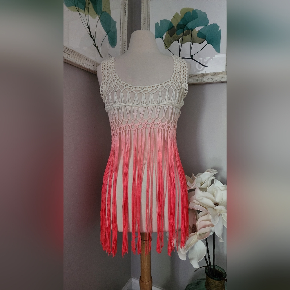 Crochet Fringe Coverup In Pink Ombre